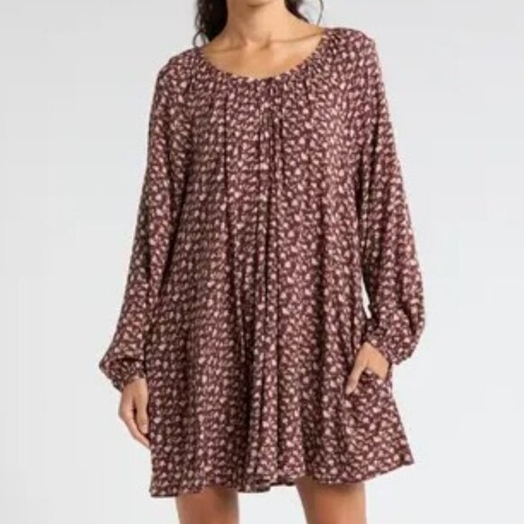 Melrose and Market Burgundy Fudge Wind Floral Babydoll Mini Dress | XS - Picture 1 of 6
